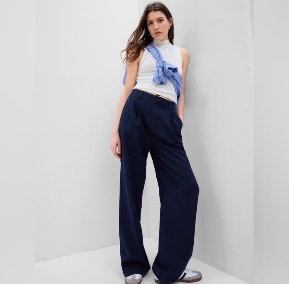 Gap Uniform Linen Pleated Pants 0 Navy Blue Minimal Chic Classic
